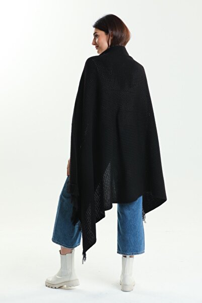 Ocean Black Tasseled Knitwear Shoulder Shawl