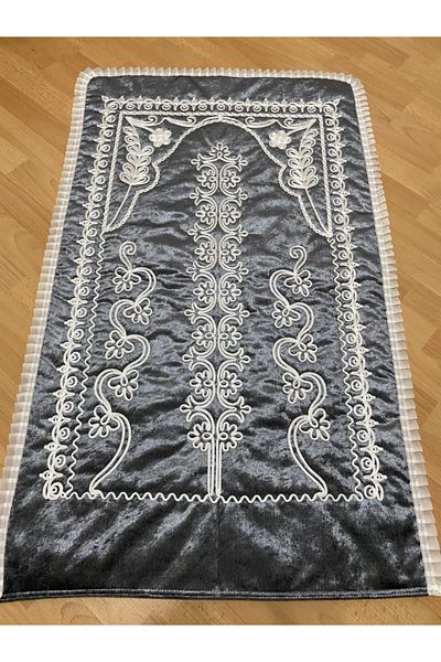 AYHANHOME Anthracite Velvet Dowry Bridal Set Prayer Rug