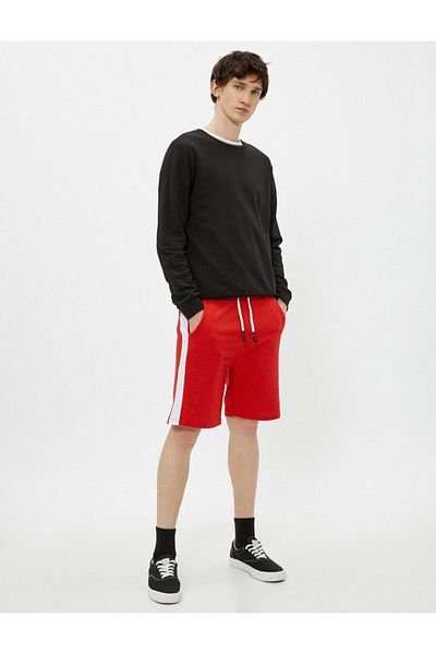 Koton Men's Red Pocket Shorts Striped Waist Tied Cotton