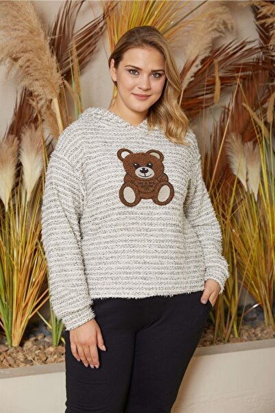 Seamoda Saçak Örgülü Ayıcık Aplikeli Kapşonlu Sweat-bej