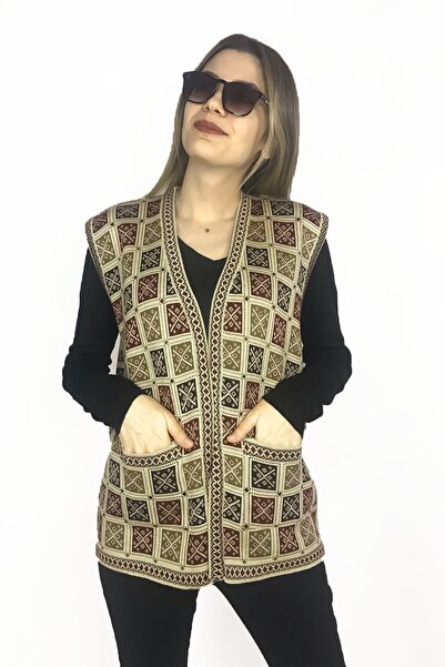 Dinçerler tekstil Kadın Kilim Desenli Düğmezsiz Kalın V Yaka Anne Yelek