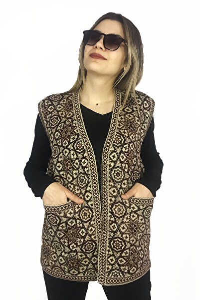 Dinçerler tekstil Kadın Kilim Desenli Düğmezsiz Kalın V Yaka Anne Yelek