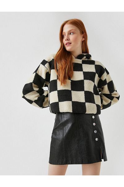 Koton Hooded Checkered Long Sleeve Sweatshirt