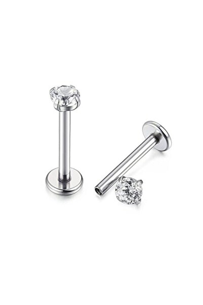 Arescollection Cerrahi Çelik Gümüş Renk Tek Taş Tragus Helix Kıkırdak Piercingi