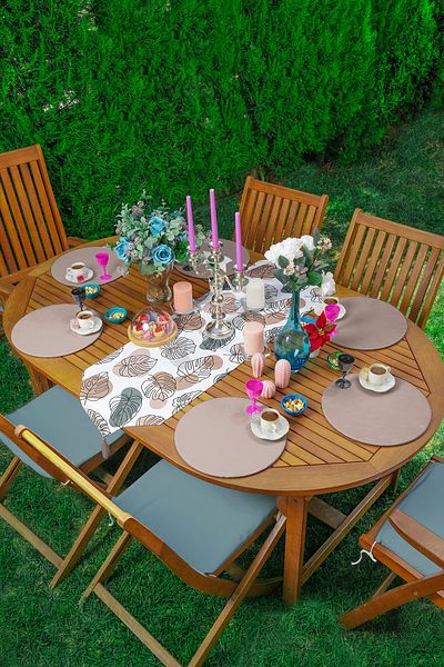 Realhomes Soft Leaf Drawing Triangle Tassel Runner 1 τεμάχιο & 6 τεμάχια βιζόν χρώματος