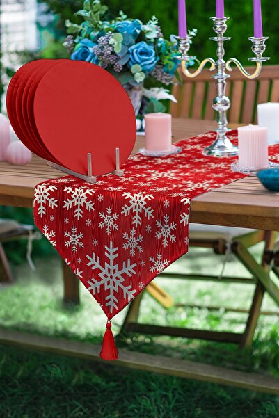 Realhomes Beyaz Kar Taneleri Üçgen Püsküllü Runner 1 Adet & 6 Adet Kırmızı Re...