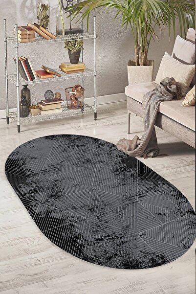 Arrosa Home Siyah Zemin Gri Püskürtme Oval Halı