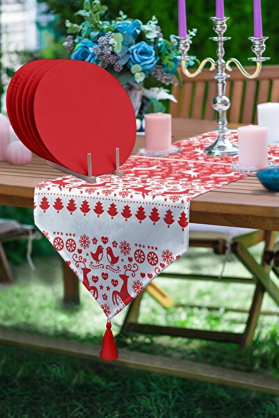 Realhomes Kırmızı Beyaz Yılbaşı Geyikleri Üçgen Püsküllü Runner 1 Adet & 6 Ad...