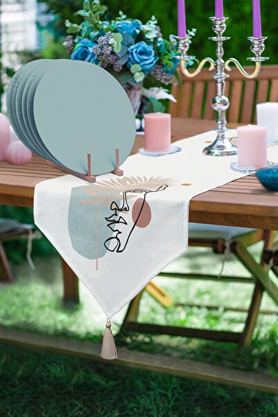 Realhomes Bohem Özel Tasarım Üçgen Püsküllü Runner 1 Adet & 6 Adet Mint Yeşil...