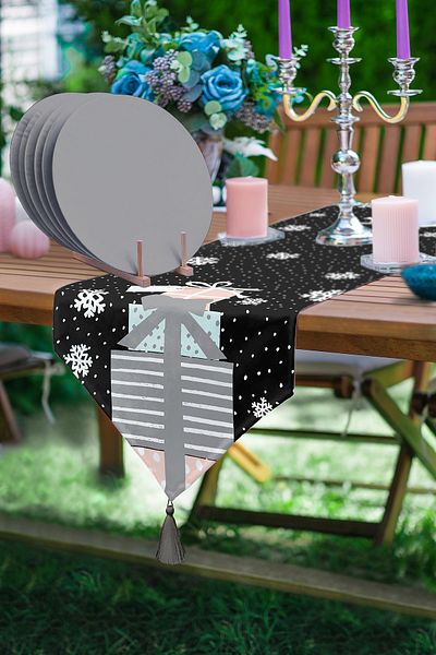 Realhomes Πακέτα δώρου δαπέδου Black Snowflake Triangle Tassel Runner 1 τεμ & 6 τεμ.