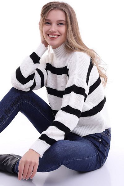 Devinka Pulover de damă alb din tricot cu dungi Fisherman
