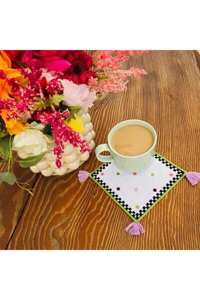 ge living Coaster pentru ceașcă de cafea cu ciucuri liliac - șervețele de cocktail în carouri din 4 piese