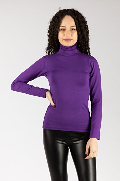 FATELLA Дамски боди с дълги ръкави, висока яка и еластичен лилав джърси