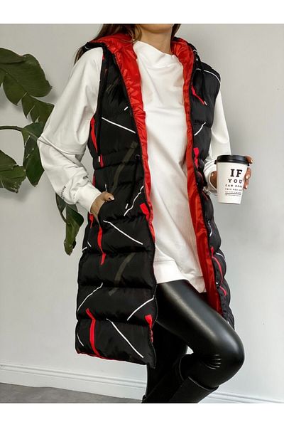 ladyzey Women's Hooded, Side Pocket, Gathered Waist, Line Patterned Long Puffer Vest