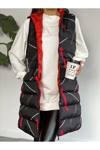 ladyzey Women's Hooded, Side Pocket, Gathered Waist, Line Patterned Long Puffer Vest