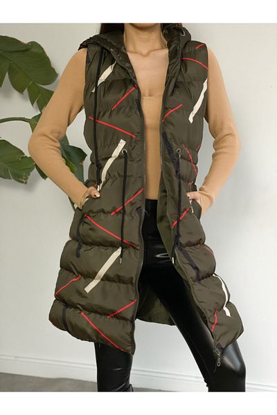 ladyzey Women's Hooded, Side Pocket, Gathered Waist, Line Patterned Long Puffer Vest