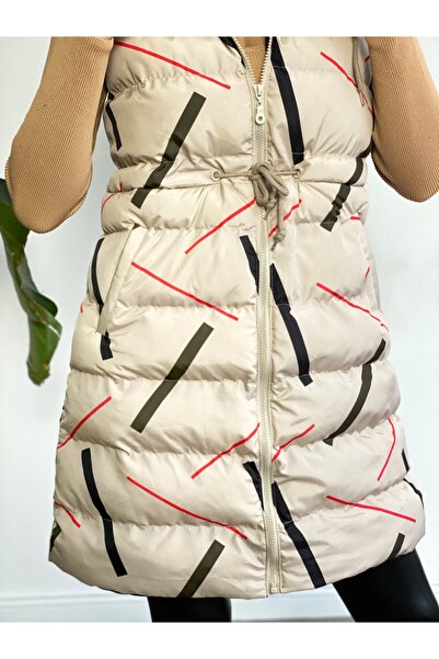 ladyzey Women's Hooded, Side Pocket, Gathered Waist, Line Patterned Long Puffer Vest