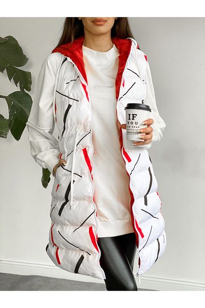 ladyzey Women's Hooded, Side Pocket, Gathered Waist, Line Patterned Long Puffer Vest