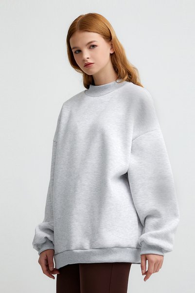 LAMODEMAPASS Gri Stay Fresh And Be Positive Nakışlı Basic Oversize Sweatshirt