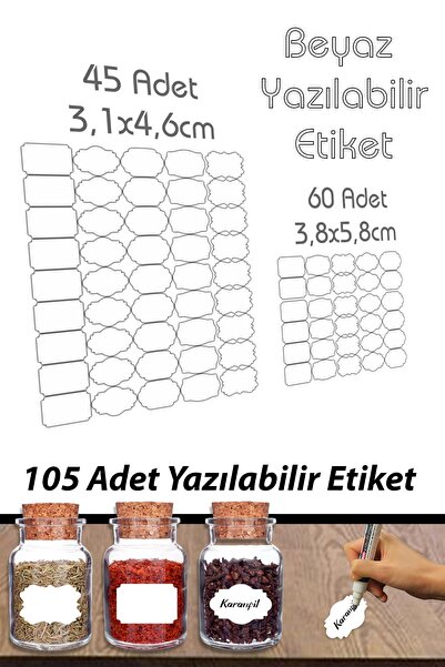 Smartad Beyaz 105 Adet Yazılabilir Etiket , Kavanoz Sticker , Farklı Şekil Ve...