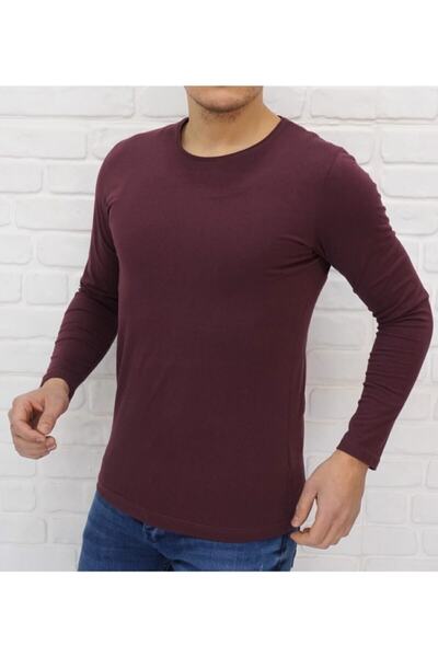 FATELLA Erkek Yuvarlak Bisiklet Yaka Likralı Dar Kalıp Slim Fit Mürdüm Body