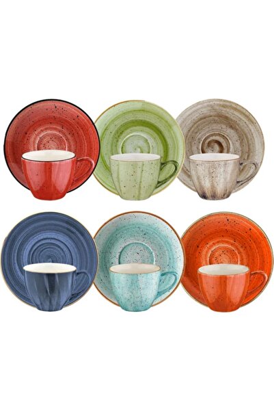 Bonna Porselen Bonna Aura Koleksiyonu 6 Kişilik Renkli Türk Kahve Fincan Takımı 80 Cc