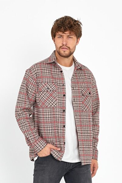 Gavazzi Men's Cream Oversize Long Sleeve Checked Plaid Thick Fabric Lumberjack Shirt