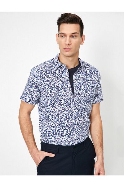 Koton Men's Purple Flower Patterned Short Sleeve Shirt