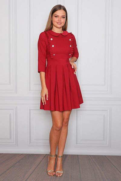 etselements Rochie de damă roșie cu model plisat cu guler păpușă
