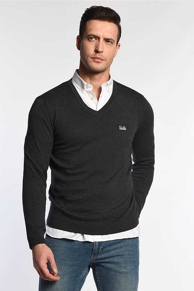 UCLA Cardıff Dark Gray V-Neck Embroidered Men's Slim Knitwear