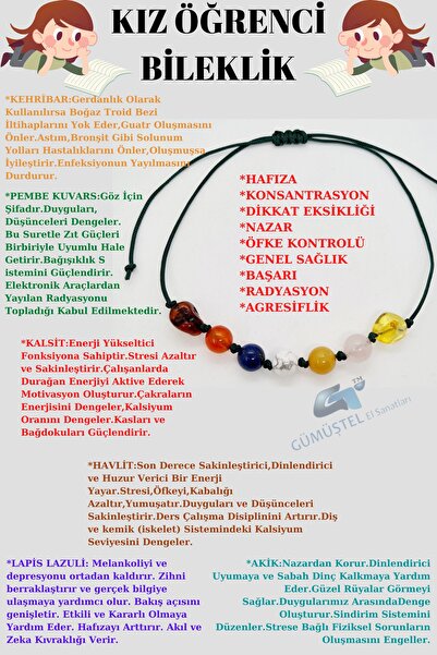 GÜMÜŞTEL EL SANATLARI Sertifikalı Kız Öğrenci Bileklik Kehribar Pembe Kuvars ...
