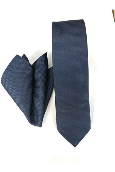 CRWAT ® ربطة عنق رفيعة بنمط منسوج باللون الأزرق الداكن مع منديل