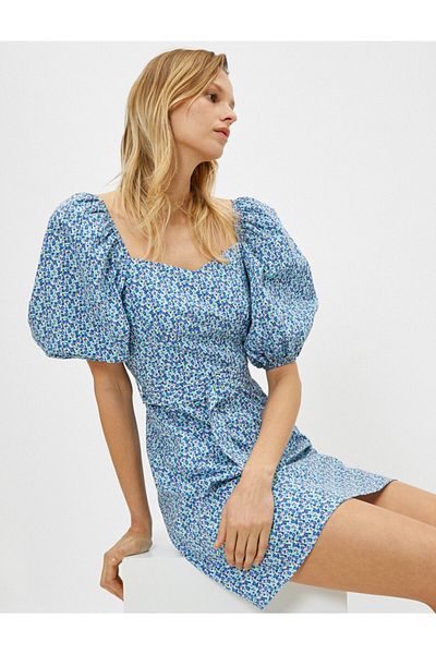 Koton Women's Floral Balloon Sleeve Belted Cotton Dress