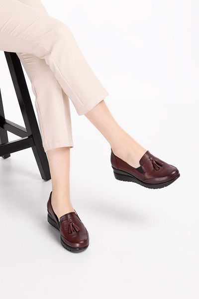 Gondol Pantofi casual de damă din piele naturală cu talpă anatomică cu toc cu pană Pyt.6204 - Bordeaux - 39
