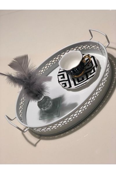Lapidaria 28 Cm White Metal Lace Patterned Ferforce Decorative Tray