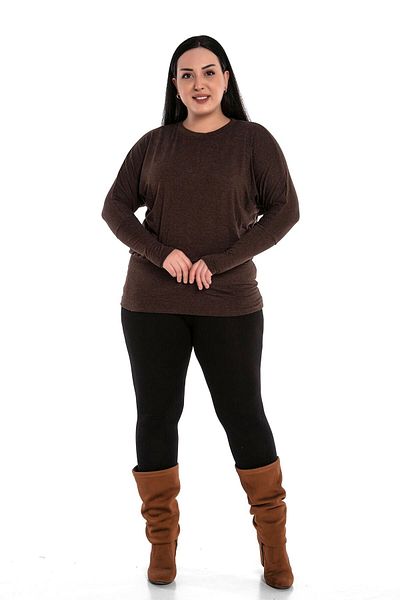 DISENTIS MODEST Plus Size Round Neck Bat Sleeve Skirt Wide Band Brown Blouse
