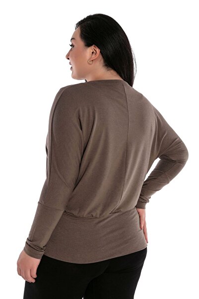 DISENTIS MODEST Στρογγυλή λαιμόκοψη Μπλούζα μινκ με φαρδιά ζώνη με νυχτερίδα φούστα