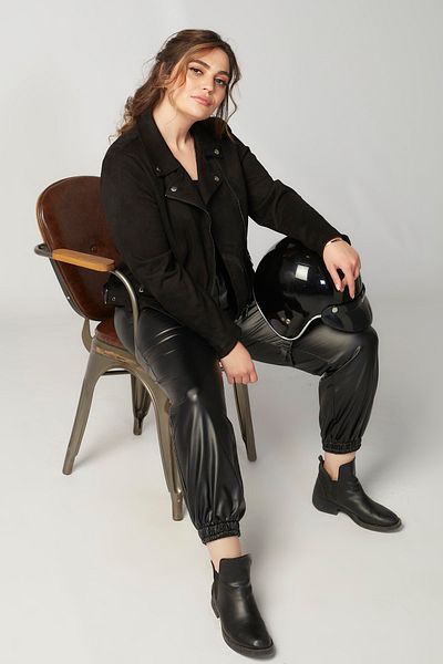Moda Alba Plus Size Black Lycra Leather Trousers - Elastic Waist and Legs