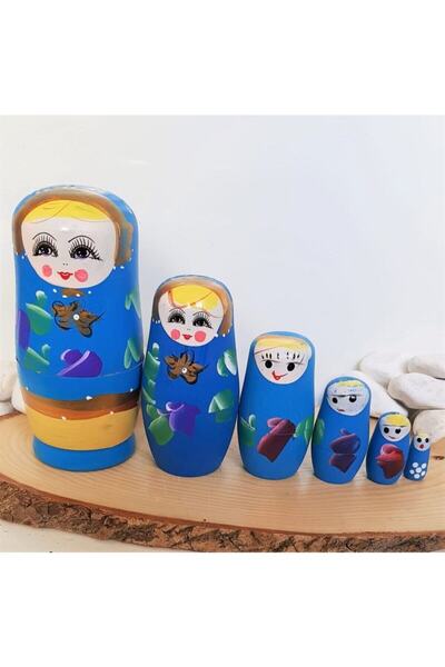 miski alem Ahşap Mavi Matruşka Bebek 6'lı