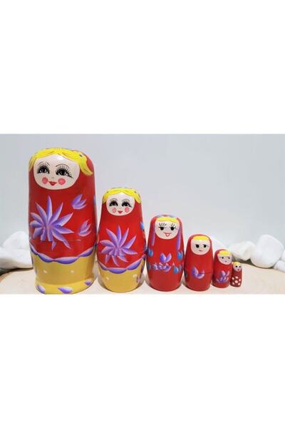 miski alem İç İçe Geçen Ahşap Kırmızı Matruşka Bebek 6lı