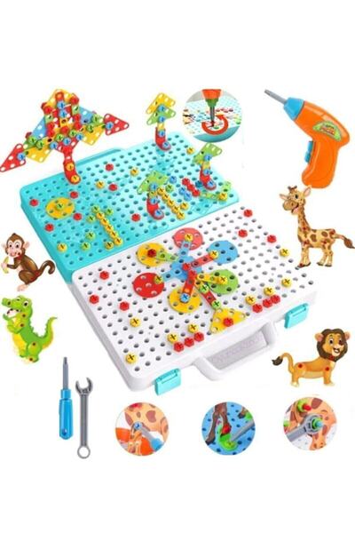 TOYSTORE Çantalı Pilli Matkap 3d Puzzle Mozaik Hayvanlar Puzzle Eğitici Yapı ...