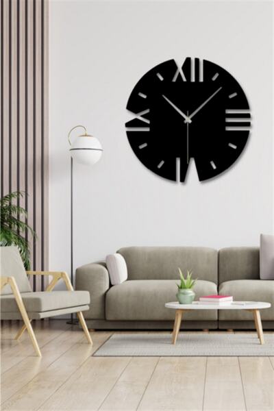 NT Handmade Siyah Ahşap Yuvarlak Roma Rakamlı Duvar Saati Salon Oturma Odası ...
