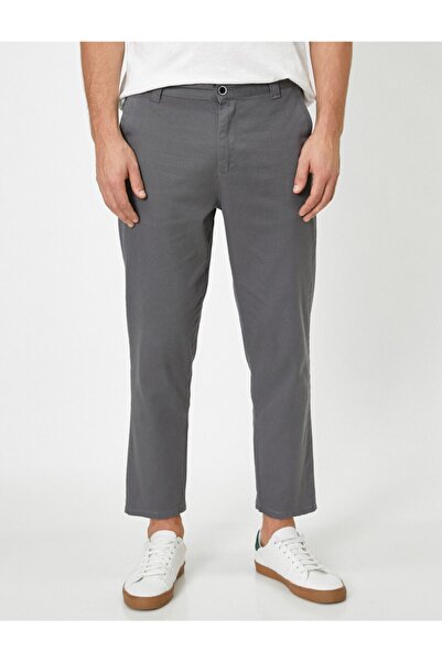 Koton Pánské šedé tkané kalhoty rovného střihu