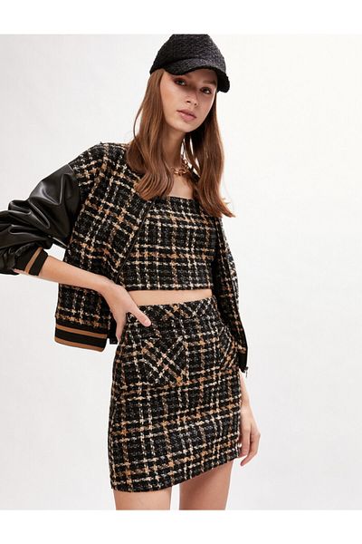 Koton Fustă mini din tweed în carouri cu buzunar