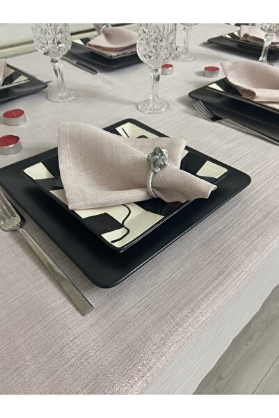 Zeren Home Keten Görünümlü Begonvil Simli Masa Örtüsü Pudra Pembe 13 Parça Set