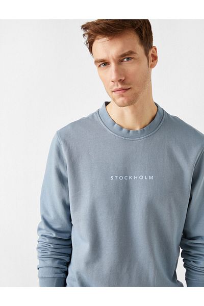 Koton Men's Blue Printed Crew Neck Long Sleeve Sweatshirt
