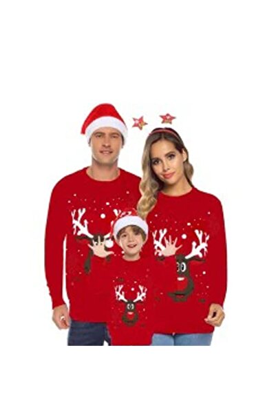 HediyeMania Uzun Kollu Yılbaşı Tişörtü 3lü Aile Kombini Anne Baba Çocuk Pamuklu Standart Tshirt Baskılı