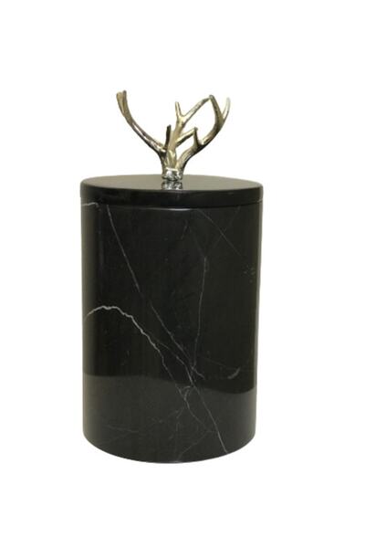 MIARIK DESIGN & DEKORASYON Dekoratif Siyah Mermer Çöp Kovası Gümüş Geyik Boyn...