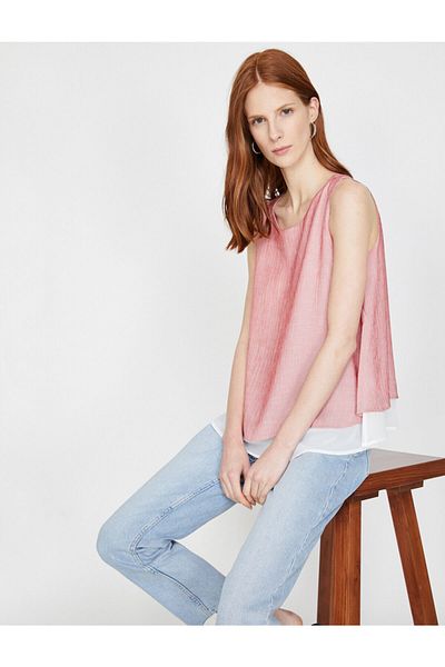 Koton Women's Red Crew Neck Relaxed Cut Blouse 9YAK32653CW