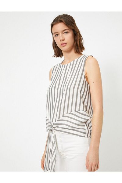 Koton Women's Gray White Striped Waist Blouse